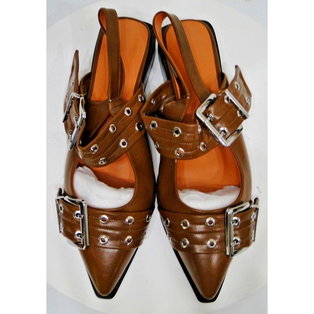 Chunky Buckle Slingback Ballerina Heel Brown Patent Leather Shoes Size 11 - Picture 10 of 13